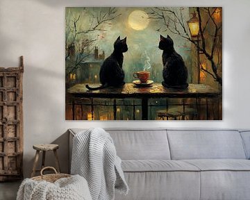 Zwei Katzen und eine Tasse im Mondschein von Erika Kaisersot