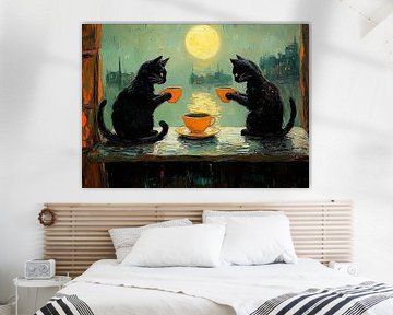 Zwei Katzen beim Tee unter dem Vollmond von Erika Kaisersot