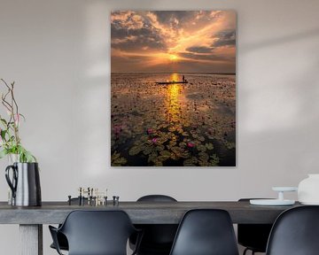 Red Lotus Flowers at Sunset - Silence on the Lake by Ewold Kooistra