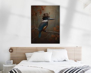 Steampunk-Eisvogel mit mechanischem Hut im Herbstwald