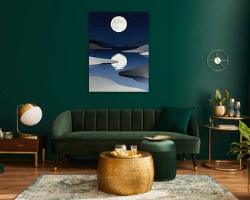 JAPANDI Full Moon Night Lake - Minimalist Blue Coastal Reflection Landscape Art