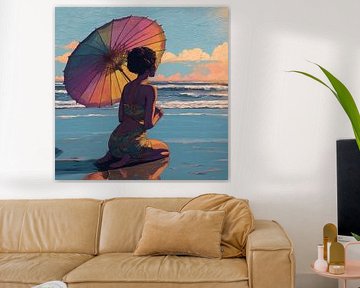 Vrouw met parasol op het strand