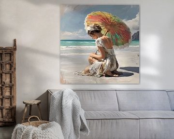 Vrouw met parasol op het strand