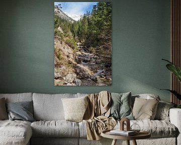 Frühlingshafte Berglandschaft im Wettersteingebirge mit grünen Wiesen und markanten Gipfeln. von Miriam Schwarzfischer Fotografie