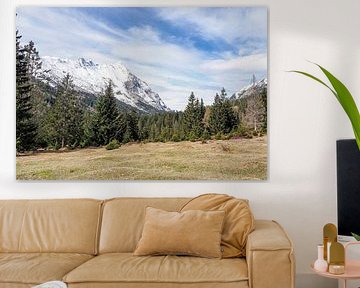 Frühlingshafte Berglandschaft im Wettersteingebirge mit grünen Wiesen und markanten Gipfeln. von Miriam Schwarzfischer Fotografie