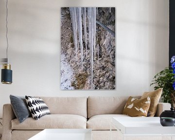 The Gleiersch Gorge in winter with snow, ice, and hanging icicles. von Miriam Schwarzfischer Fotografie