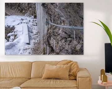 The Gleiersch Gorge in winter with snow, ice, and hanging icicles. von Miriam Schwarzfischer Fotografie