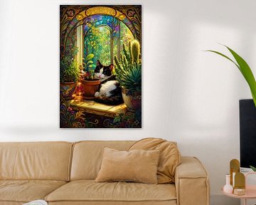 Cat in the windowsill by Linda de Klein