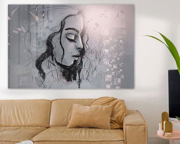 Charcoal Portrait grau mit rosa von Emiel de Lange