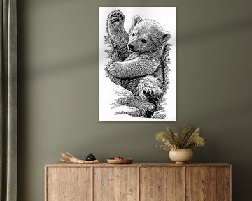 Winkender Bärenjunge Vintage Line Art