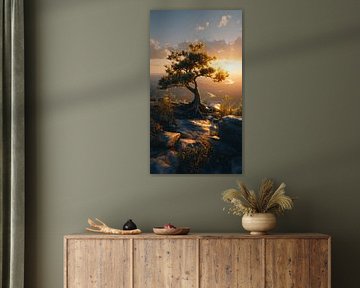 Eine Eiche auf dem Berggipfel bei Sonnenuntergang von MNS Designs