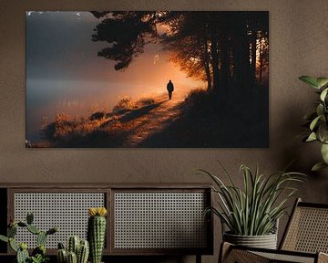 Person walking through the forest at sunset by MNS Designs
