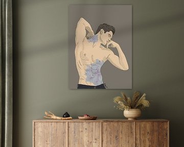Männliche Figur-Strichzeichnung Wandkunst | Moderne maskuline Körperillustration | Aquarell | Zeitgenössische Wohnraumdekoration von Chrz - AquaPixelFusion