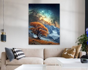 Kosmisch landschap met herfstboom