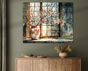 Sonnenbeschienene Blütenvase von Blickfänger Gemälde