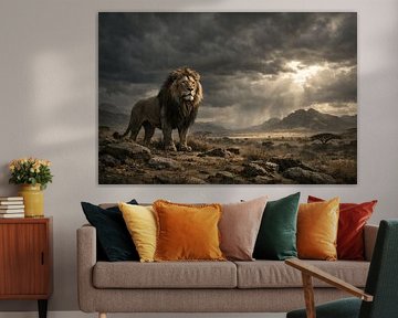 Leeuw onder dramatische hemel – majestueus wildlife landschap met zonnestralen