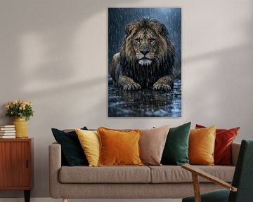 Lion in the pouring rain – powerful wildlife portrait full of intensity