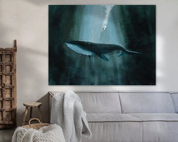 Whale with female in the ocean by Geja Kuiken