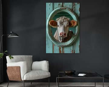 Neugieriges Kalb in türkisfarbener Tür von Marianne Ottemann - OTTI