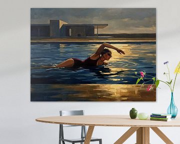 Nageuse gracieuse dans la lumière du coucher de soleil sur Jan Keteleer