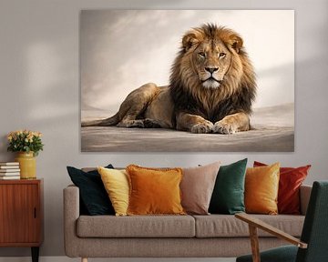 Repos royal – lion couché dans la douce lumière du désert