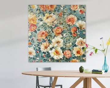 A Vintage Botanical Tapestry of Apricot Peonies by Artistic