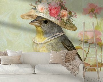 Vogel mit Blumenhut in sanften Frühlingsfarben