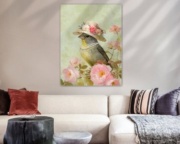 Bird with flower hat in soft spring colours