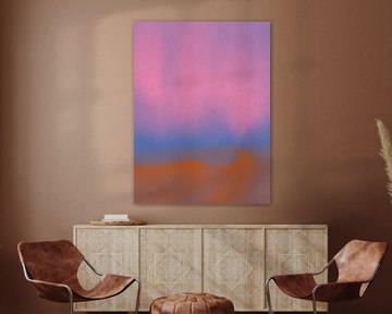 Abstrakte minimalistische Landschaft in Neonrosa, Blau, Taupe und gebranntem Orange von Dina Dankers