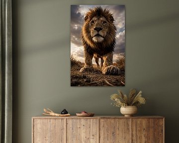 Le roi de la savane – un lion imposant avance d'un pas puissant dans la lumière dorée de la brousse africaine.