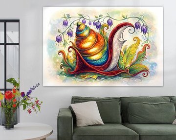 Fantasie slak tussen bloemen