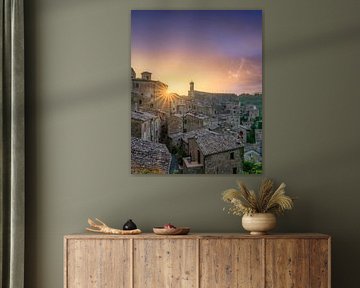 Sorano village on tuff at sunset. Tuscany, Italy by Stefano Orazzini