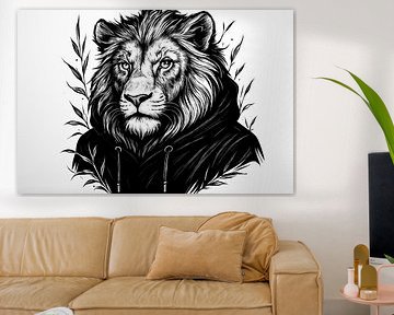 Schwarz-weißer Löwe mit Kapuzenpullover von Imperial Art House
