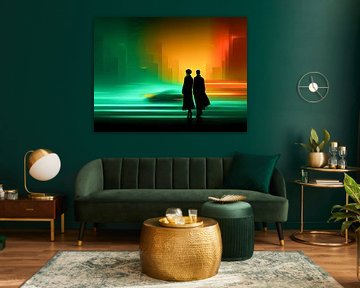 Silhouette d'un couple devant une ville futuriste illuminée par des néons