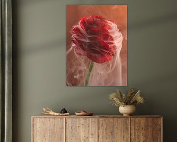 Tangerine Twist: Red flower enveloped in flowing smoke by Marjolijn van den Berg