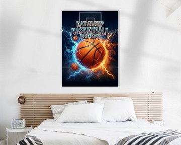 Essen, schlafen, Basketball, wiederholen – Dynamische Retro-Bootleg-Wandkunst von Art Bloom