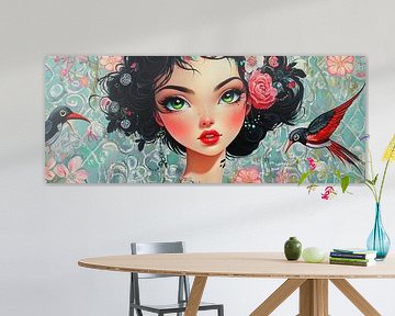 Woman with Large Eyes | Woman with Large Eyes and Birds by Eye catching paintings