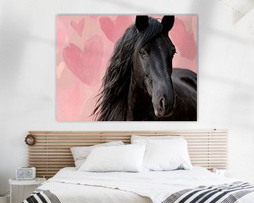 Cheval frison avec des cœurs sur fond rose sur Vlindertuin-Art