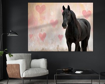 Cheval noir et cœurs roses sur Vlindertuin-Art