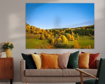 Kleurrijk herfstlandschap met felgele bomen en weiden onder een blauwe hemel van Martin Köbsch