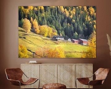 Autumn landscape with colourful trees and farmhouse on a sunny meadow in Norway. by Martin Köbsch