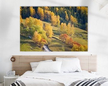 Kleurrijk herfstlandschap met loofbomen, heuvels en een beekje in de vallei