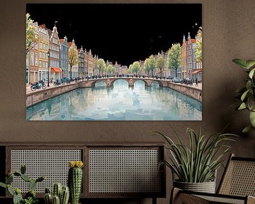 Weerspiegeling van de Amsterdamse grachten 's nachts van DNArt Gallery's