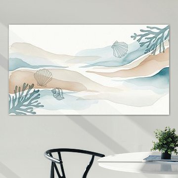 Sérénité océanique : aquarelle minimaliste représentant le littoral avec des coquillages et du corail