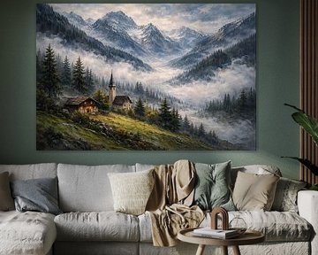 Misty Alpine Village with Mountain Church