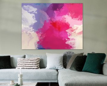 Kleurrijk abstract schilderij in felroze, wit en blauw