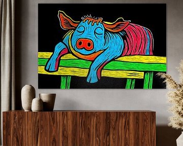 Cow on fence with neon stripes by Art & Soul Creations