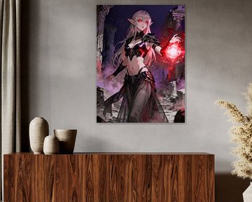 ANIME Sorcière elfe noire - Magie mystique rouge dans un temple en ruines sur Minggu Galeri