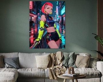 ANIME Cybernetic Neon Rain - Jeune fille aux cheveux roses futuristes dans les rues nocturnes d'une ville sur Minggu Galeri