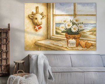 Hygge am Fenster – Dänischer Küstenblick mit Herz und Sonnenuntergang